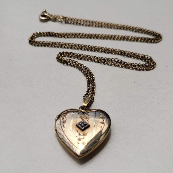 Jewelry - 12K Gold Filled Diamond Heart Locket Necklace Vintage Etched Floral